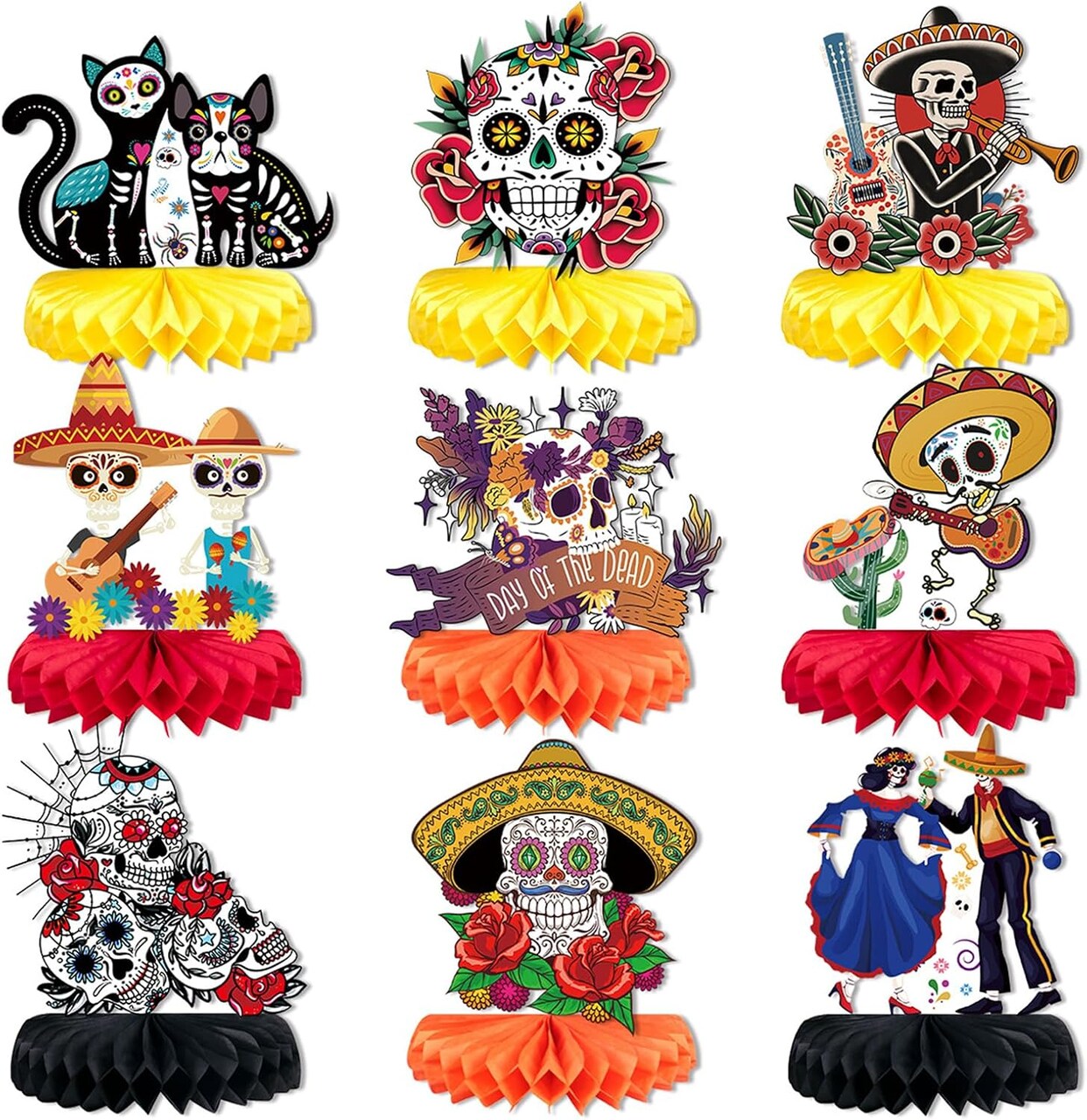 Day of The Dead Decorations - 9 Pieces Dia De Los Muertos Honeycomb Table Toppers Cutouts Sugar Skull Flowers Centerpieces Day